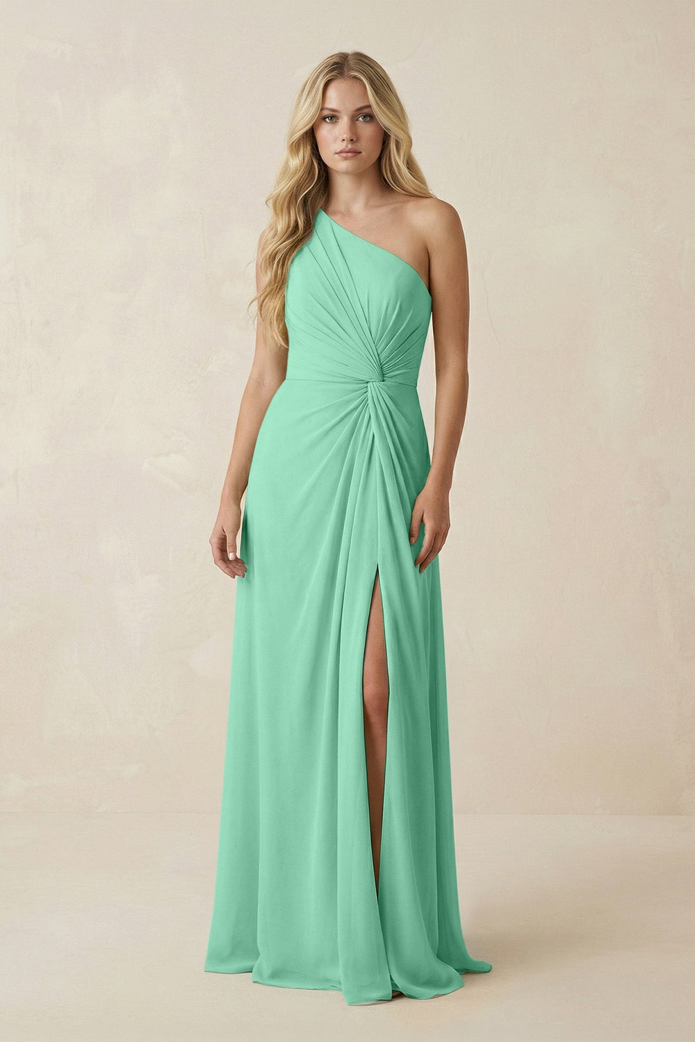 One - Shoulder Ruched A - Line Chiffon Bridesmaid Dress in Turquoise - SHE IS ME Bridesmaid Dresses