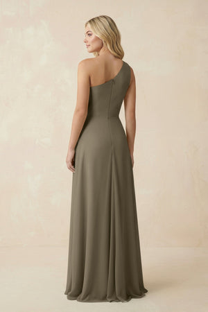 One - Shoulder Ruched A - Line Chiffon Bridesmaid Dress in Willow Green - SHE IS ME Bridesmaid Dresses