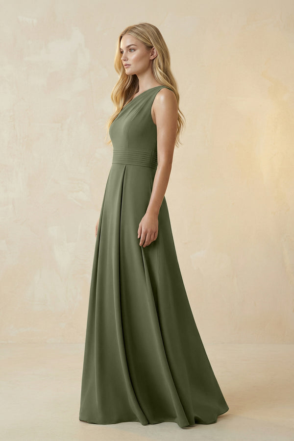 One - Shoulder Ruched A - Line Satin Bridesmaid Dress in Willow Green - SHE IS ME Bridesmaid Dresses