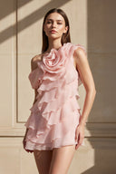 One Shoulder Ruffled Mini Dress in Pink - SHE IS ME