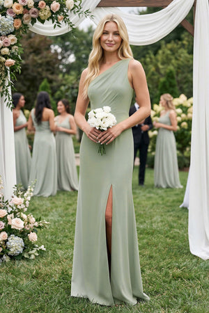 One - Shoulder Sheath Bridesmaid Dress With Slit in Dove Gray - SHE IS ME Bridesmaid Dresses