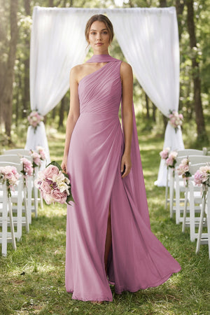 One - Shoulder Sheath Chiffon Bridesmaid Dress with Ribbon in Vintage Mauve - SHE IS ME Bridesmaid Dresses