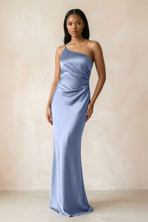 One - Shoulder Sheath Ruched Bridesmaid Dress in Mist - SHE IS ME Bridesmaid Dresses