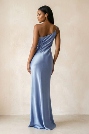 One - Shoulder Sheath Ruched Bridesmaid Dress in Mist - SHE IS ME Bridesmaid Dresses