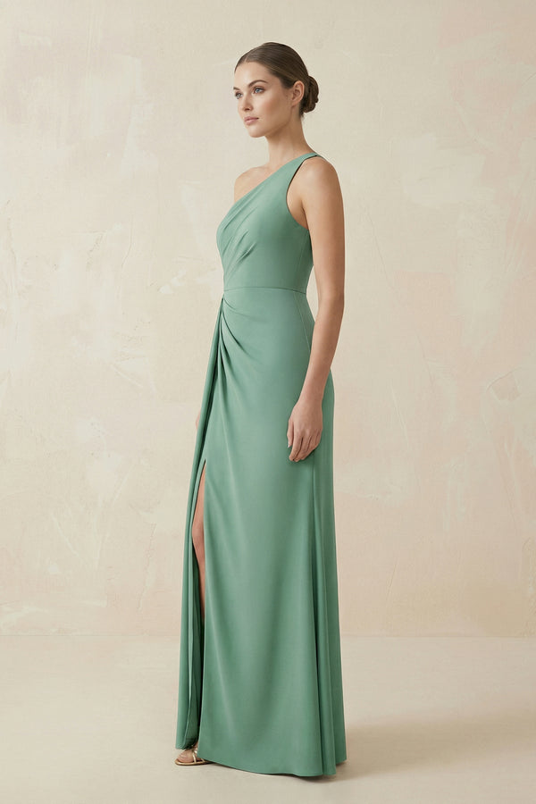 One - Shoulder Sheath Ruched Bridesmaid Dress With Slit in Mint Green - SHE IS ME Bridesmaid Dresses