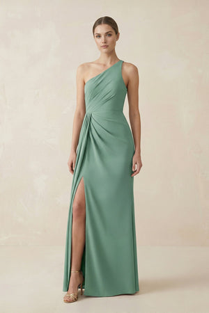 One - Shoulder Sheath Ruched Bridesmaid Dress With Slit in Mint Green - SHE IS ME Bridesmaid Dresses