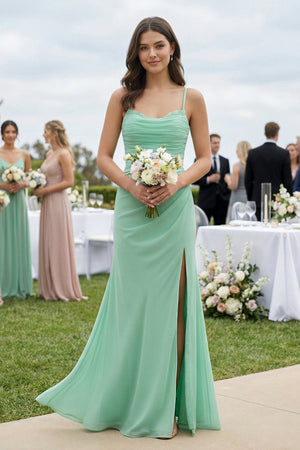 Cami Strap Sheath Chiffon Bridesmaid Dress with Slit in Pale Pistachio - SHE IS ME BRIDESMAID DRESSES