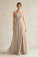Pleated A-Line Long Chiffon Bridesmaid Dress in Almond