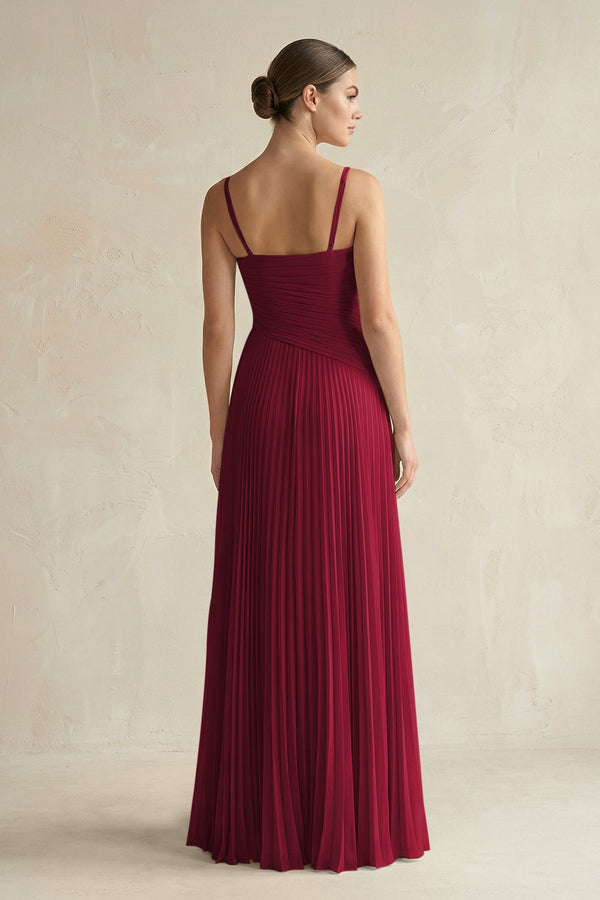 Pleated A-Line Long Chiffon Bridesmaid Dress in Berry