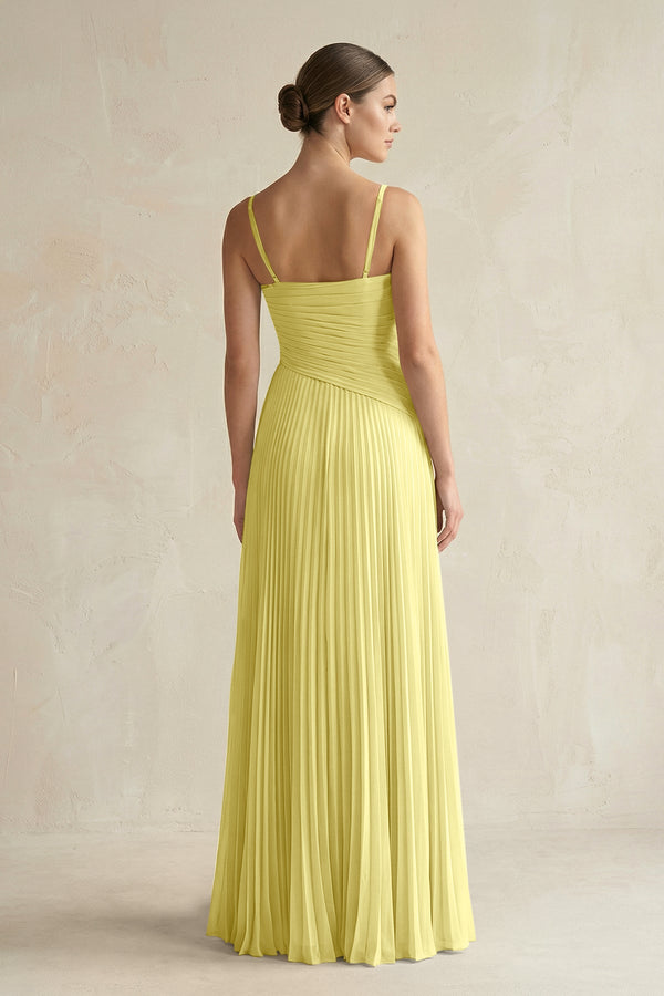 Pleated A-Line Long Chiffon Bridesmaid Dress in Buttercup