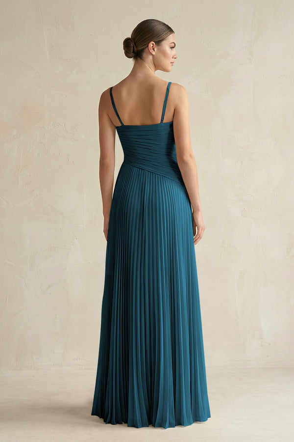 Pleated A-Line Long Chiffon Bridesmaid Dress in Dark Teal