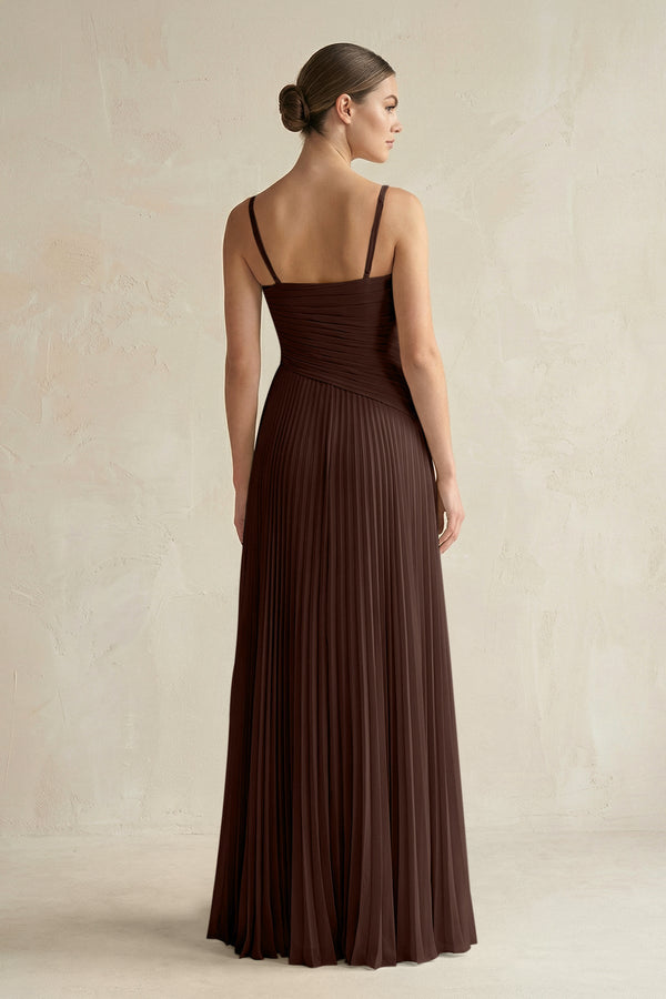 Pleated A-Line Long Chiffon Bridesmaid Dress in Espresso