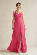 Pleated A-Line Long Chiffon Bridesmaid Dress in Fuchsia