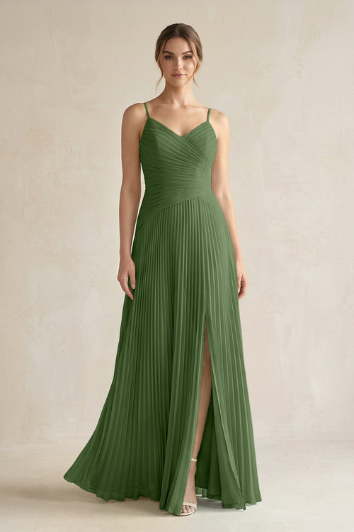 Pleated A-Line Long Chiffon Bridesmaid Dress in Moss