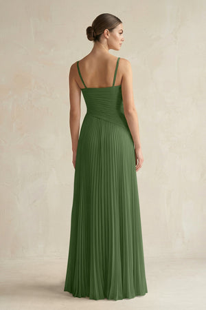 Pleated A-Line Long Chiffon Bridesmaid Dress in Moss