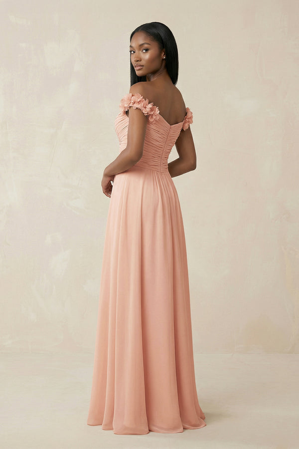 Pleated Off - the - Shoulder A - Line Chiffon Bridesmaid Dress in English Rose - SHE IS ME Bridesmaid Dresses