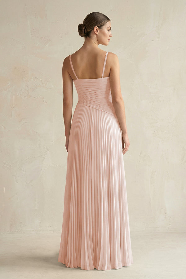 Pleated A-Line Long Chiffon Bridesmaid Dress in Pale Blush