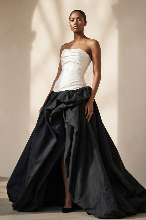 Pleated Strapless Gown With Slit in Black and Ivory - SHE IS ME