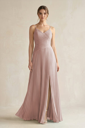 Pleated A-Line Long Chiffon Bridesmaid Dress in Toffee