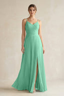 Pleated A-Line Long Chiffon Bridesmaid Dress in Turquoise