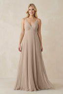 Pleated V - Neck A - Line Chiffon Bridesmaid Dress in Almond - SHE IS ME Bridesmaid Dresses