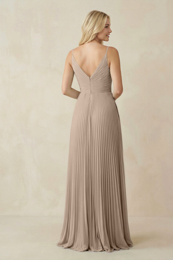 Pleated V - Neck A - Line Chiffon Bridesmaid Dress in Almond - SHE IS ME Bridesmaid Dresses