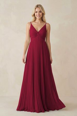 Pleated V - Neck A - Line Chiffon Bridesmaid Dress in Berry - SHE IS ME Bridesmaid Dresses