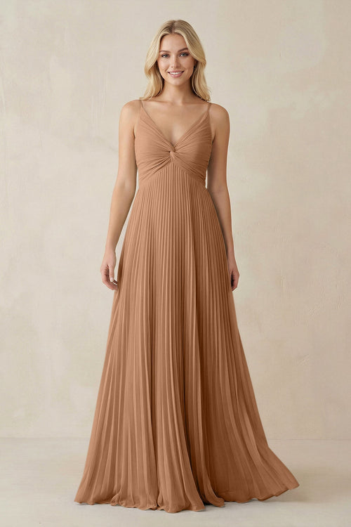 Pleated V - Neck A - Line Chiffon Bridesmaid Dress in Bronzer - SHE IS ME Bridesmaid Dresses