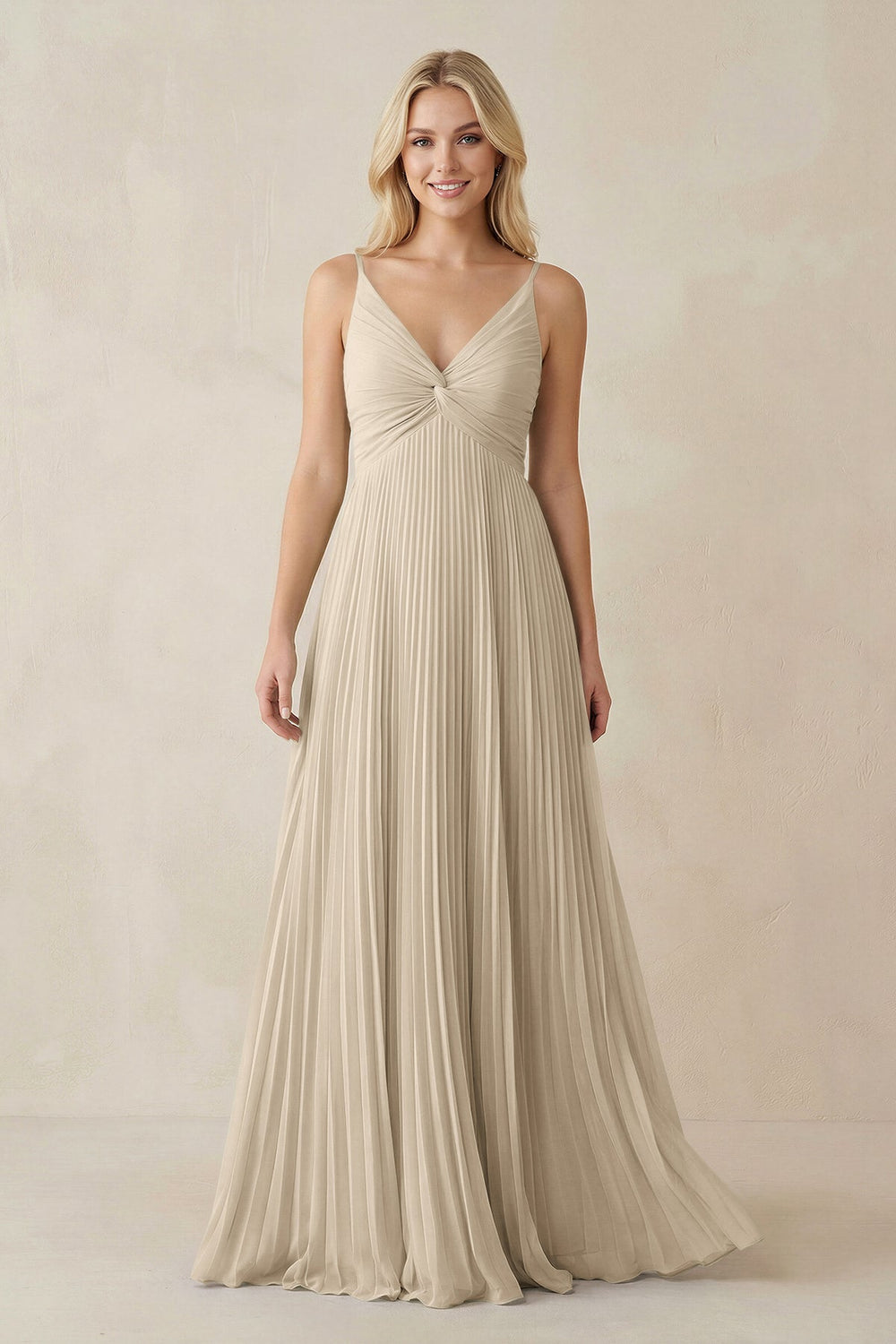 Pleated V - Neck A - Line Chiffon Bridesmaid Dress in Champagne - SHE IS ME Bridesmaid Dresses