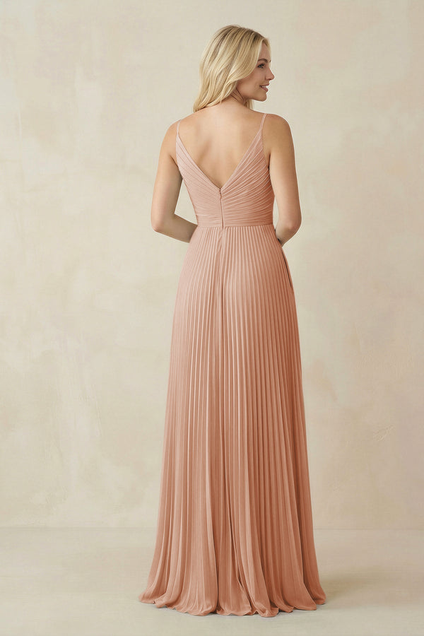 Pleated V - Neck A - Line Chiffon Bridesmaid Dress in Champagne Rose - SHE IS ME Bridesmaid Dresses