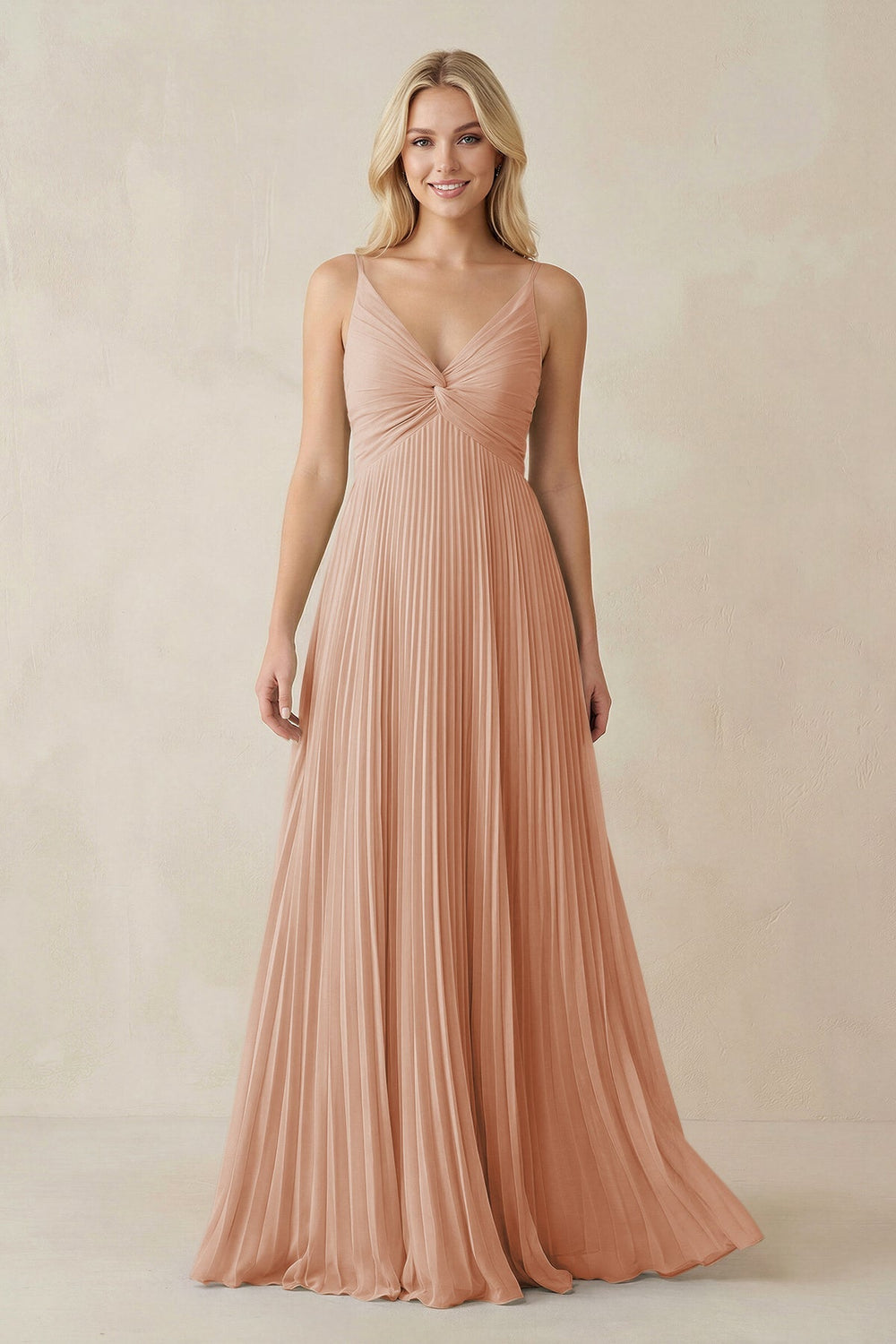 Pleated V - Neck A - Line Chiffon Bridesmaid Dress in Champagne Rose - SHE IS ME Bridesmaid Dresses