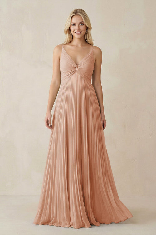 Pleated V - Neck A - Line Chiffon Bridesmaid Dress in Champagne Rose - SHE IS ME Bridesmaid Dresses