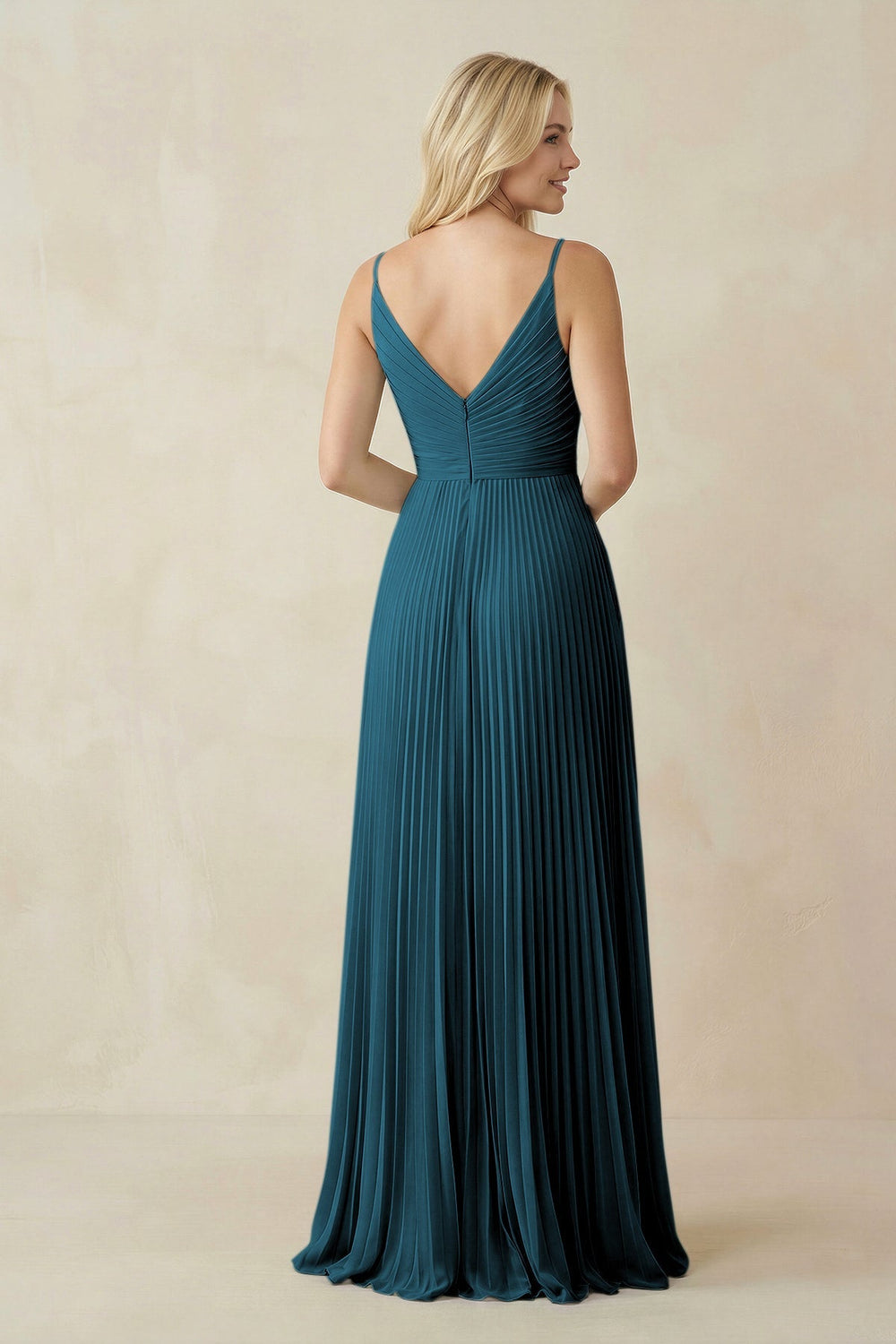 Pleated V - Neck A - Line Chiffon Bridesmaid Dress in Dark Teal - SHE IS ME Bridesmaid Dresses