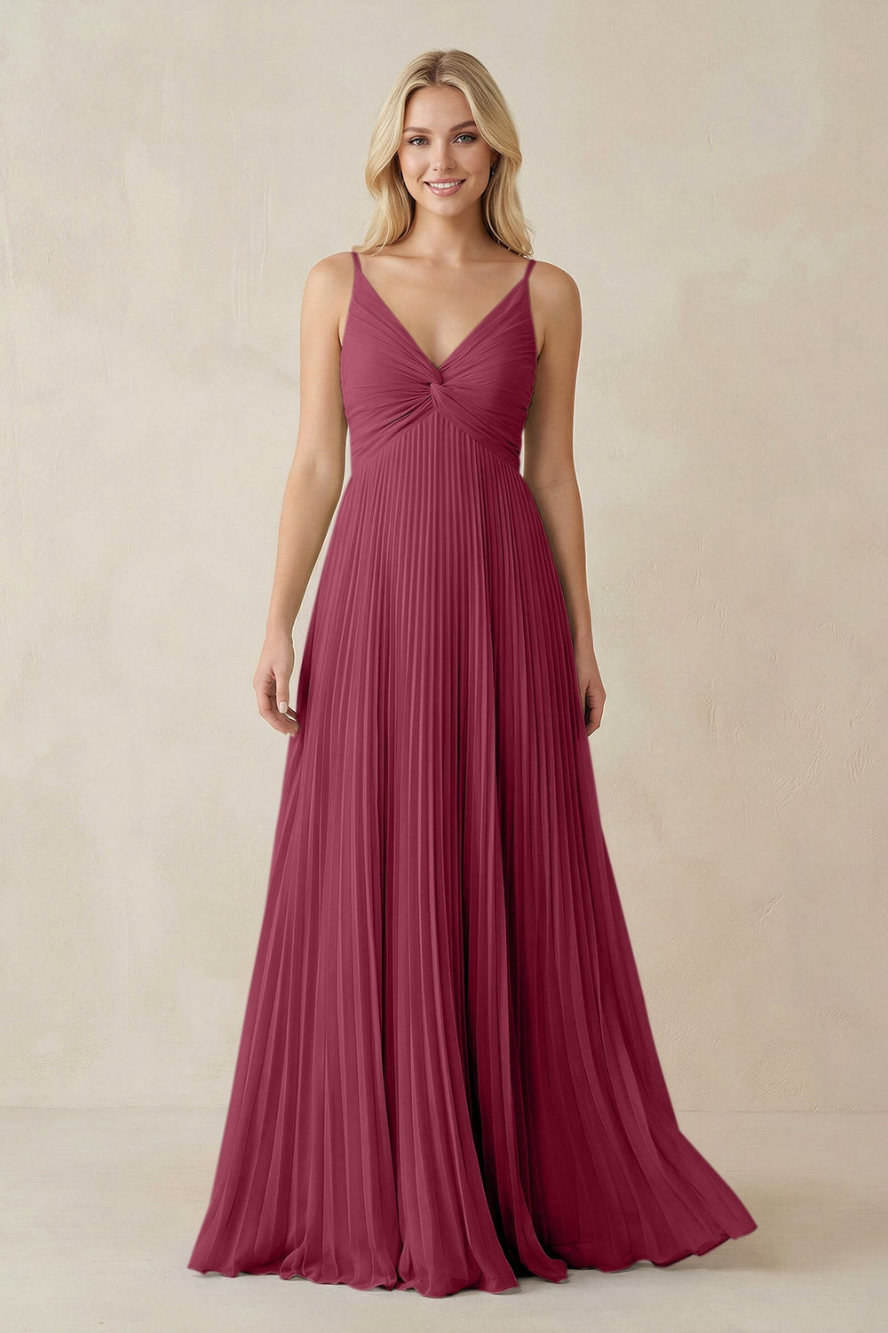 Pleated V - Neck A - Line Chiffon Bridesmaid Dress in Desert Rose - SHE IS ME Bridesmaid Dresses