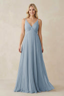 Pleated V - Neck A - Line Chiffon Bridesmaid Dress in Dusty Blue - SHE IS ME Bridesmaid Dresses