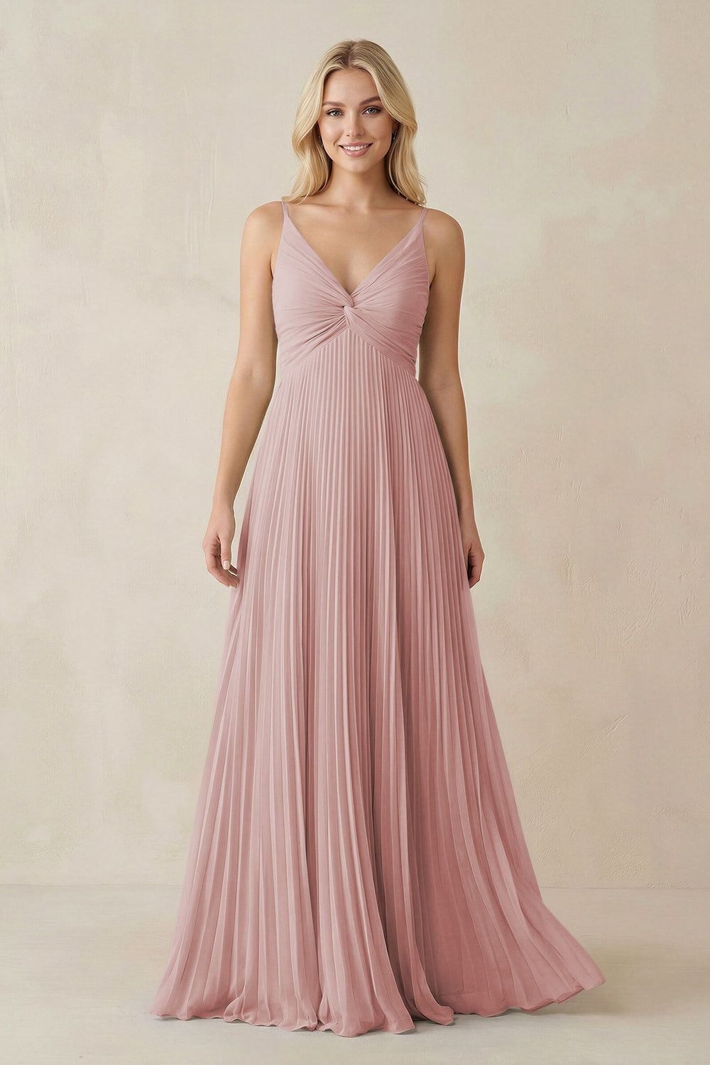 Pleated V - Neck A - Line Chiffon Bridesmaid Dress in Dusty Rose - SHE IS ME Bridesmaid Dresses
