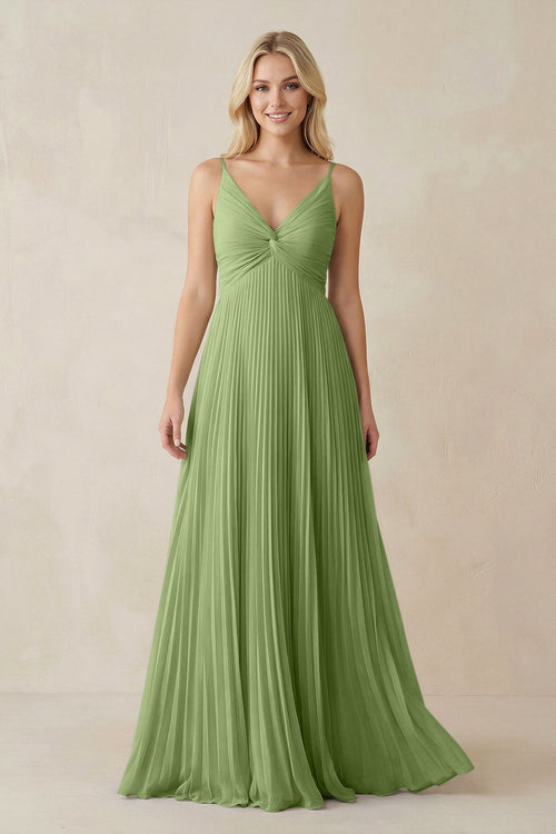 Pleated V - Neck A - Line Chiffon Bridesmaid Dress in Matcha - SHE IS ME Bridesmaid Dresses
