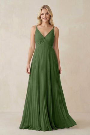 Pleated V - Neck A - Line Chiffon Bridesmaid Dress in Moss - SHE IS ME Bridesmaid Dresses