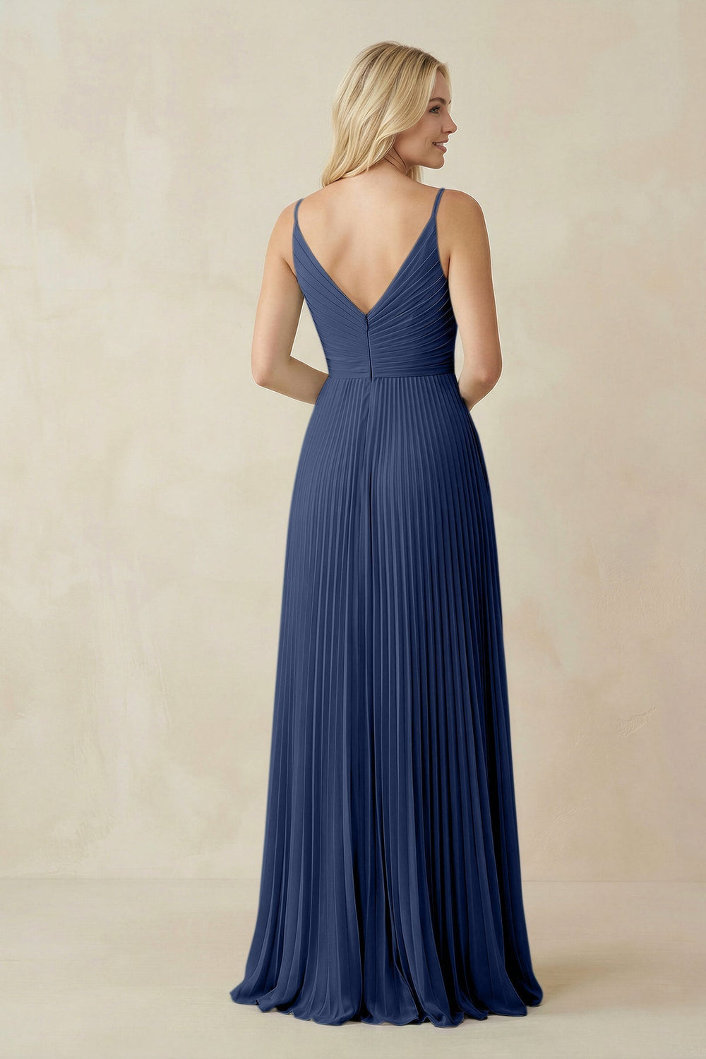 Pleated V - Neck A - Line Chiffon Bridesmaid Dress in Navy - SHE IS ME Bridesmaid Dresses