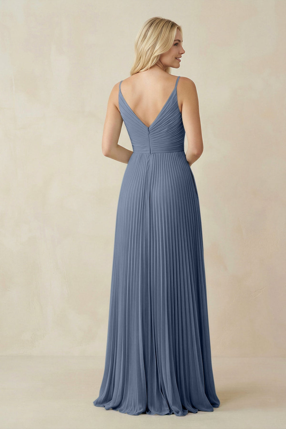 Pleated V - Neck A - Line Chiffon Bridesmaid Dress in Neptune - SHE IS ME Bridesmaid Dresses