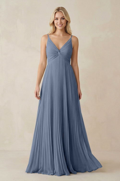 Pleated V - Neck A - Line Chiffon Bridesmaid Dress in Neptune - SHE IS ME Bridesmaid Dresses
