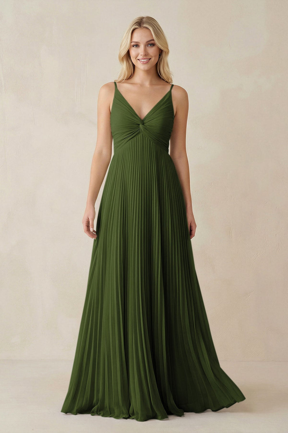 Pleated V - Neck A - Line Chiffon Bridesmaid Dress in Olive - SHE IS ME Bridesmaid Dresses