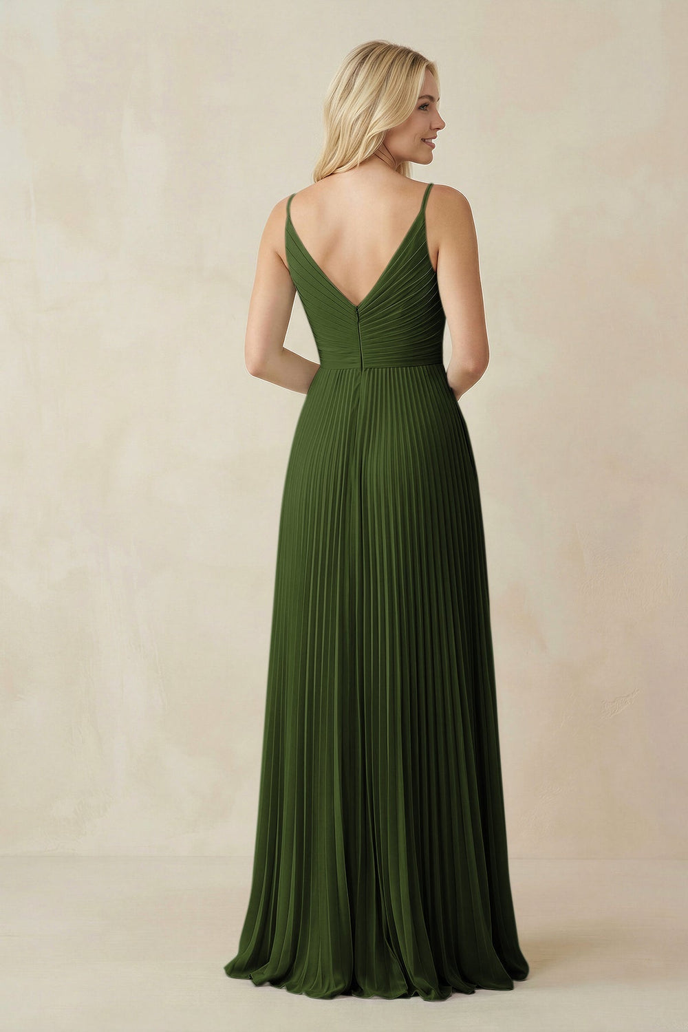 Pleated V - Neck A - Line Chiffon Bridesmaid Dress in Olive - SHE IS ME Bridesmaid Dresses