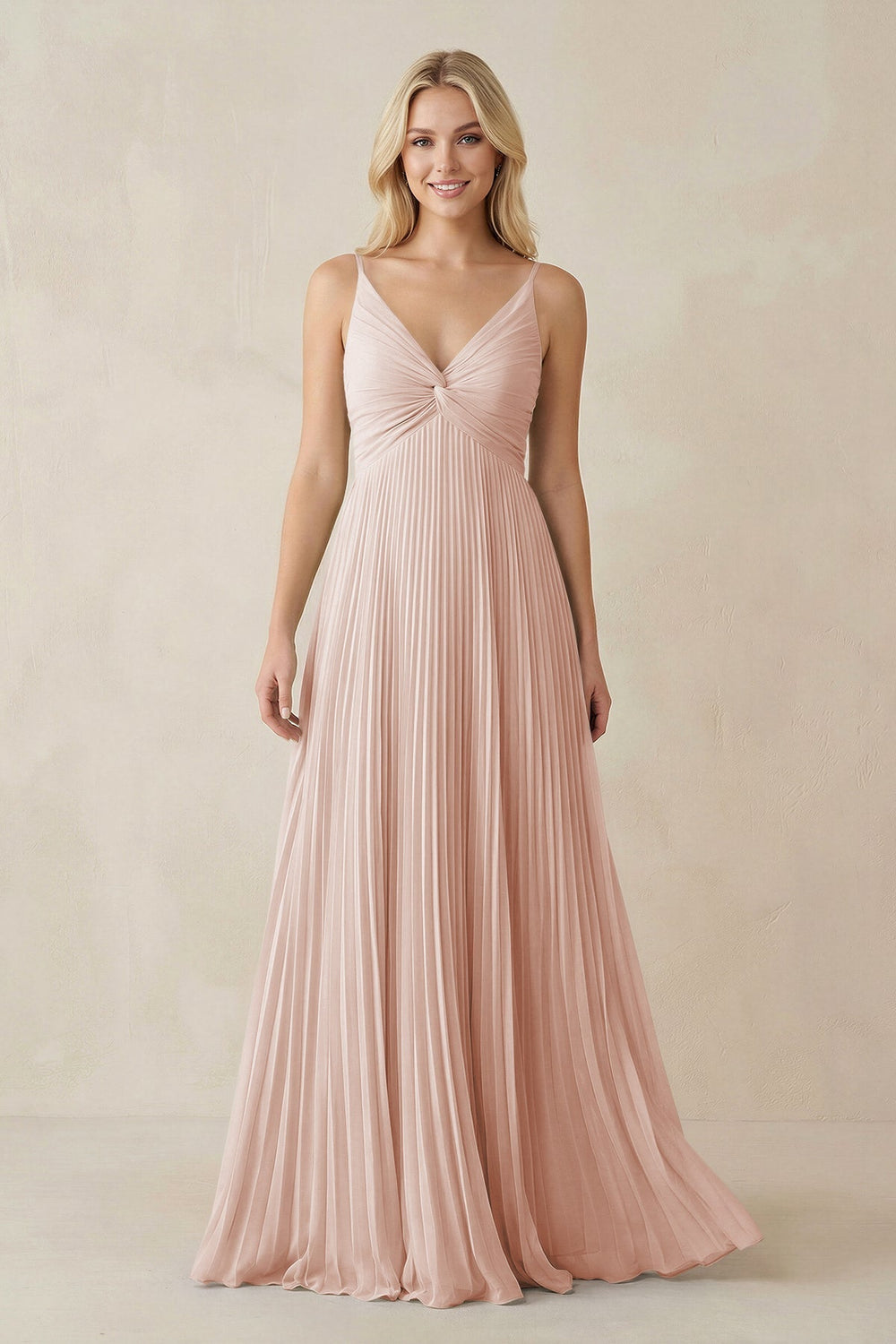 Pleated V - Neck A - Line Chiffon Bridesmaid Dress in Pale Blush - SHE IS ME Bridesmaid Dresses