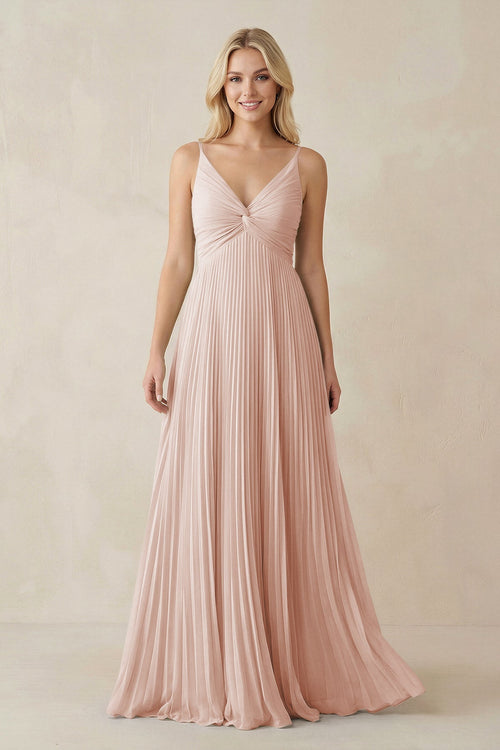 Pleated V - Neck A - Line Chiffon Bridesmaid Dress in Pale Blush - SHE IS ME Bridesmaid Dresses
