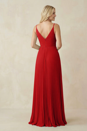 Pleated V - Neck A - Line Chiffon Bridesmaid Dress in Ruby Red - SHE IS ME Bridesmaid Dresses