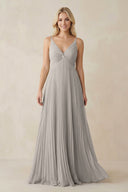 Pleated V - Neck A - Line Chiffon Bridesmaid Dress in Silver - SHE IS ME Bridesmaid Dresses
