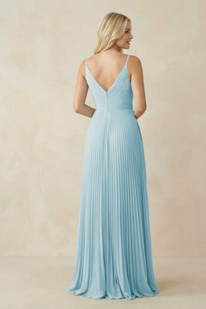 Pleated V - Neck A - Line Chiffon Bridesmaid Dress in Sky Blue - SHE IS ME Bridesmaid Dresses