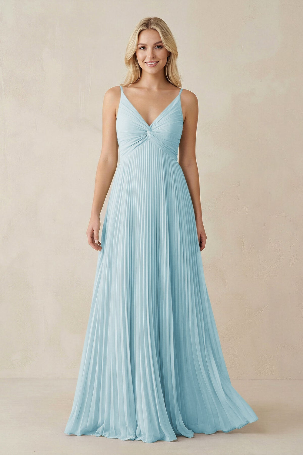 Pleated V - Neck A - Line Chiffon Bridesmaid Dress in Sky Blue - SHE IS ME Bridesmaid Dresses