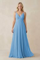 Pleated V - Neck A - Line Chiffon Bridesmaid Dress in Steel Blue - SHE IS ME Bridesmaid Dresses